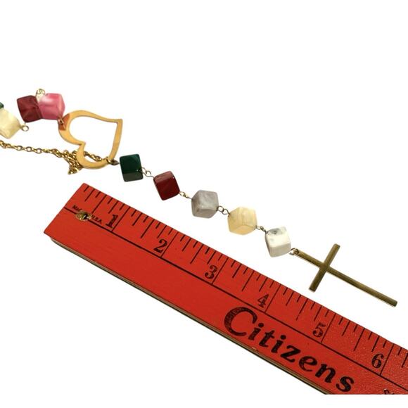 Asymmetric Heart & Cross Cubist Necklace Gold Tone Modern Christian Faith Y Drop - Picture 7 of 8